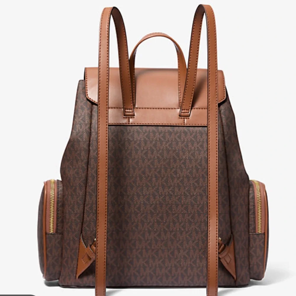 MK Brown & Gold Logo-print canvas Large Backpack 🎒, NWT - Picture 3 of 6